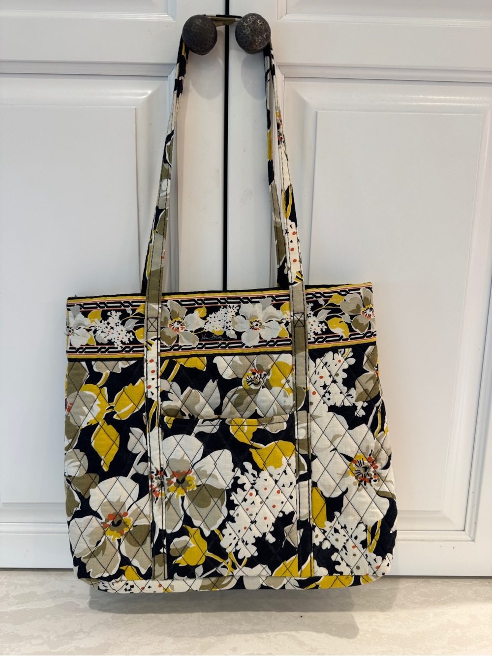 Vera Bradley Quilted Floral Tote in Black, Yellow, and Cream